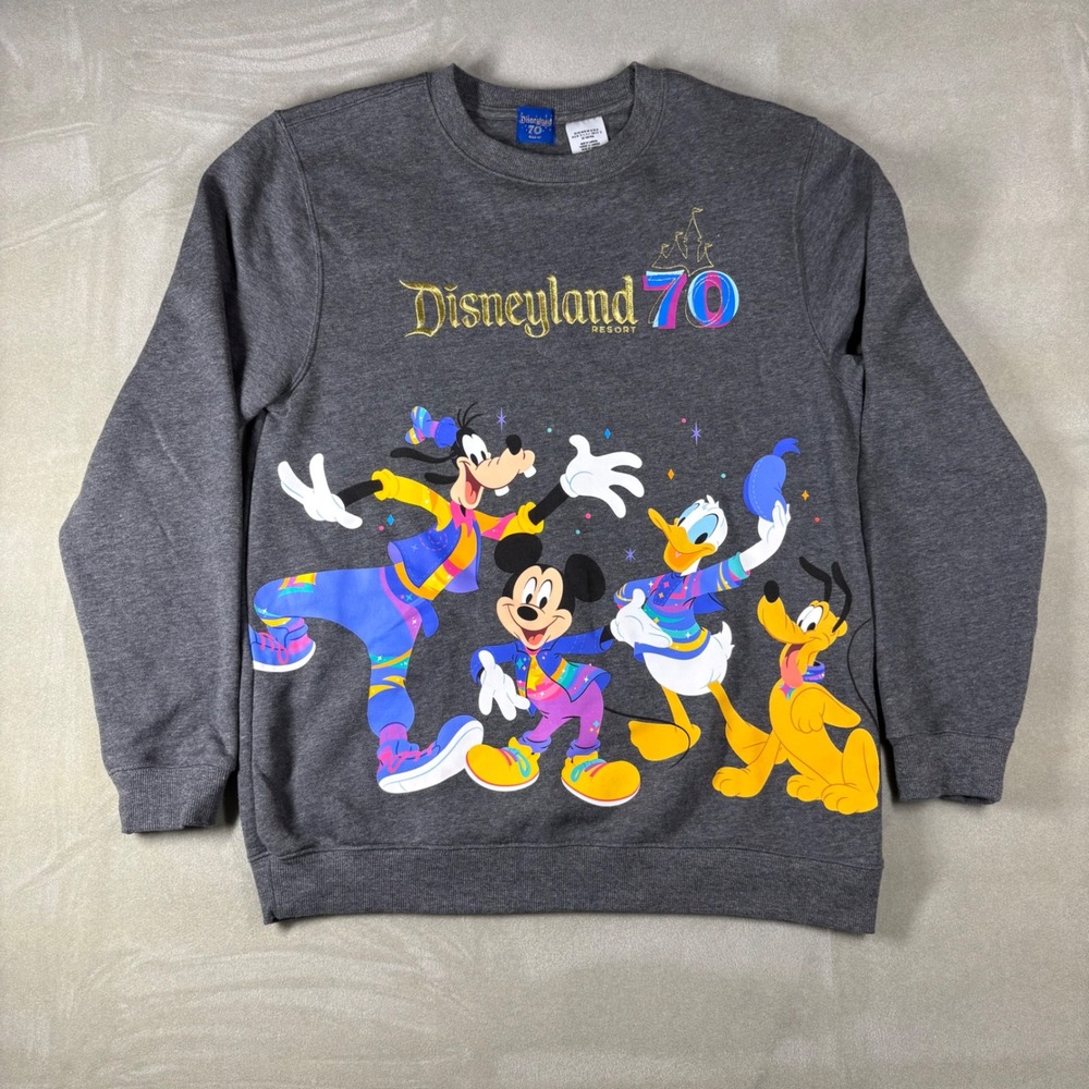 Disney Disneyland 70th Anniversary Mickey Goofy Pluto Gray‎ Sweatshirt Medium